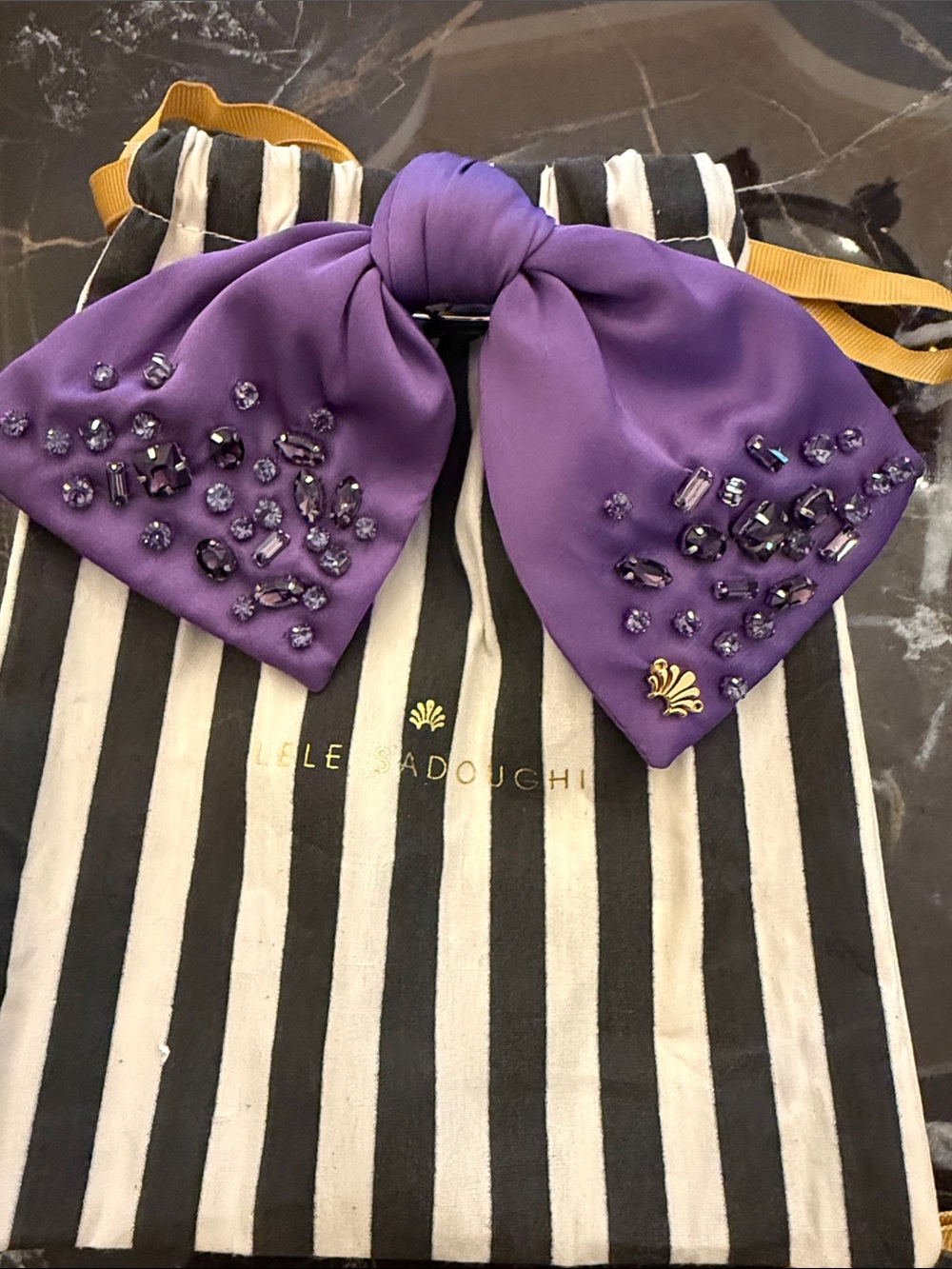 Lele Sadoughi Purple Satin Knot Bow Hair Clip with Crystal Accents